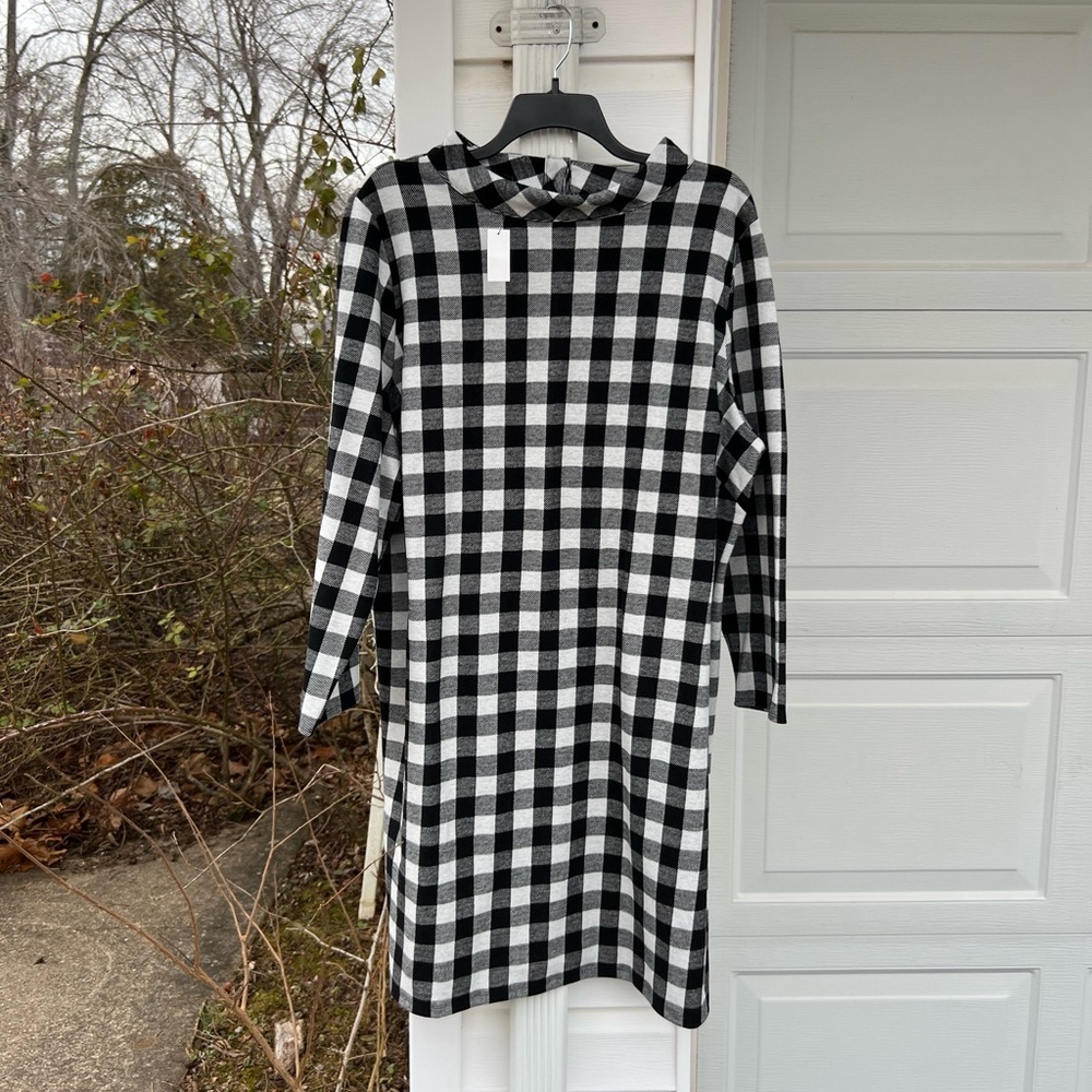 NWT Talbots Pretty Black White Check High Neck Button Back Long Sleeve Dress - Picture 5 of 6